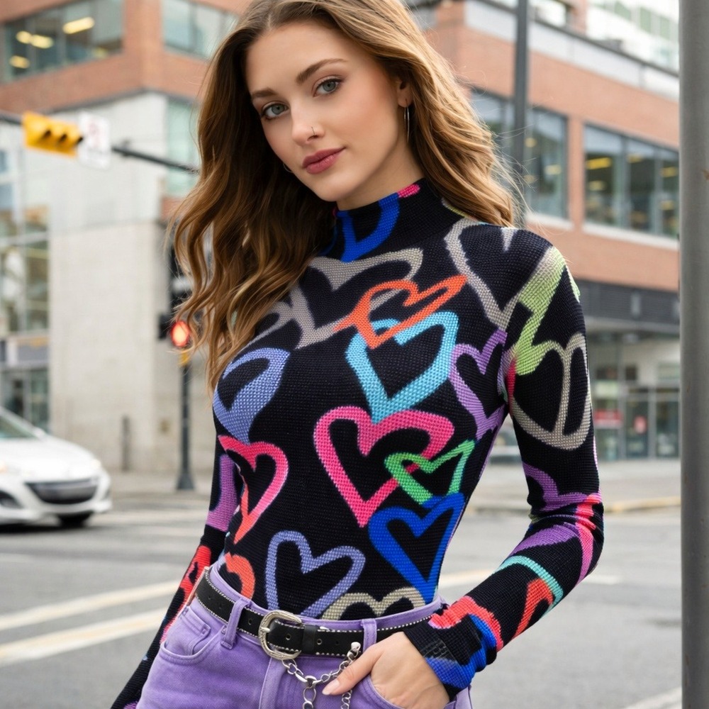 UVA Black Neon Heart Textured Mock Neck Top Size OS Y2K Pop Art Stretch Club Kid